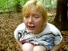 cumming on a granny face in the forest