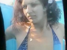 Busty milf in beach cabine