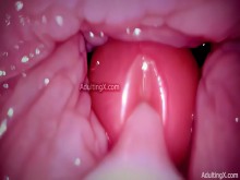 Cámara en vagina, cervix pov, pequeño corchado por gigante "pareja", semen en condón y creampie - clip completo