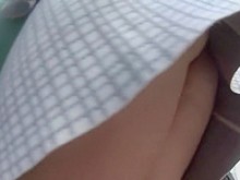 Señora de negocios upskirt (falso) muestra el coño desnudo