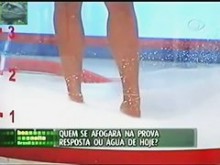 Chica sexy de televisión muestra una vista de falda levantada de su tanga