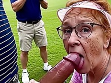 Campo de golf Club de golf Puta Cathy Granny Mamada Chupando polla en exhibición pública